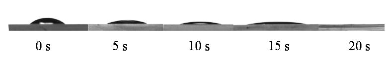 等离子表面处理不同时长石英晶片表面液滴铺展图