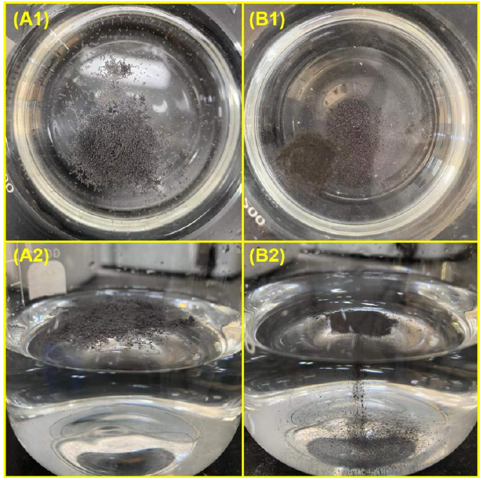 图 1-3 (A1-2) 原始石墨烯放入水中的照片； (B1-2) 氧等离子处理石墨烯放入水中的照片