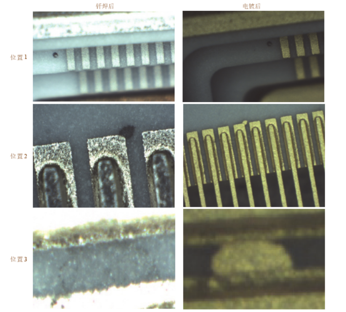 图 5 钎焊后和电镀后瓷件不同位置的沾污情况